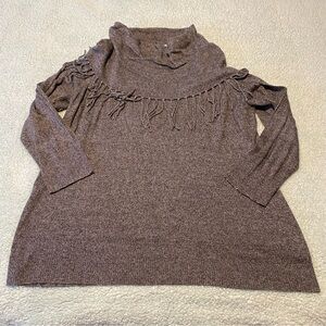 Chelsea and Theodore Grey Cowl Neck Fringe Sweater